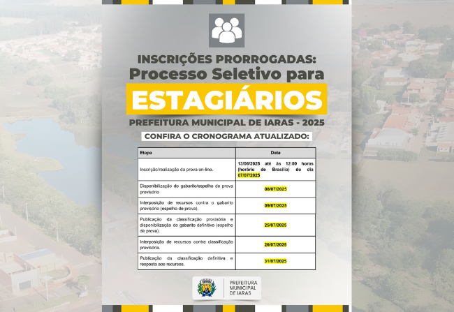 Inscrições para o Processo Seletivo de Estagiários da Prefeitura Municipal de Iaras Prorrogadas.
